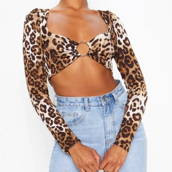PrettyLittleThing Tan Leopard Slinky O Ring Long Sleeve Crop Top Size US-6 - Picture 3 of 14